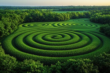Aerial view of geometric crop circles in green field surrounded by lush forest