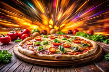 Captivating Long Exposure Shot of a Delicious Italian Pizza with Melted Cheese and Fresh Vegetables, Showcasing the Art of Culinary Delights in a Dynamic Presentation