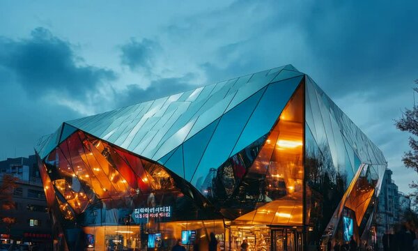 A futuristic angular building with reflective panels