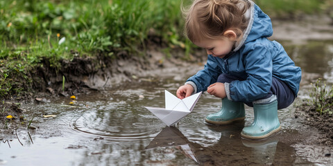 Small child in rubber boots plays with paper boat in a puddle after the rain.