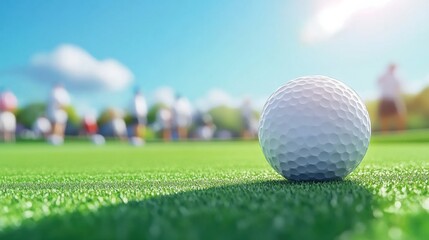 Obraz premium Golfers enjoy a perfect day on an idyllic golf course with a focused golf ball in the foreground