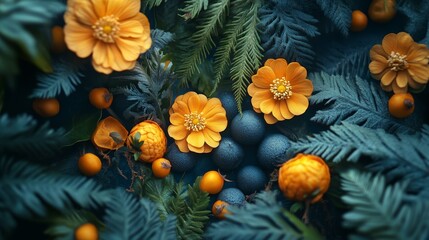 Fototapeta premium Yellow Flowers and Blueberries in a Garden, Natural Beauty Photography