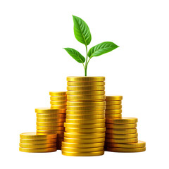 A plant grows on a stack of coins with a plant growing out of it