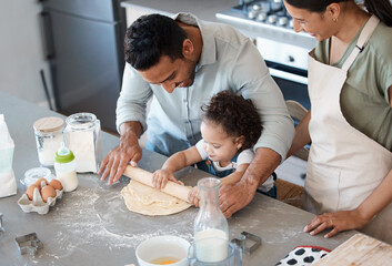 Family, baking and help kid with rolling pin for dough, flour and toddler learning in kitchen. Mom, dad and child cooking with parents and teaching girl dessert recipe for support in home together