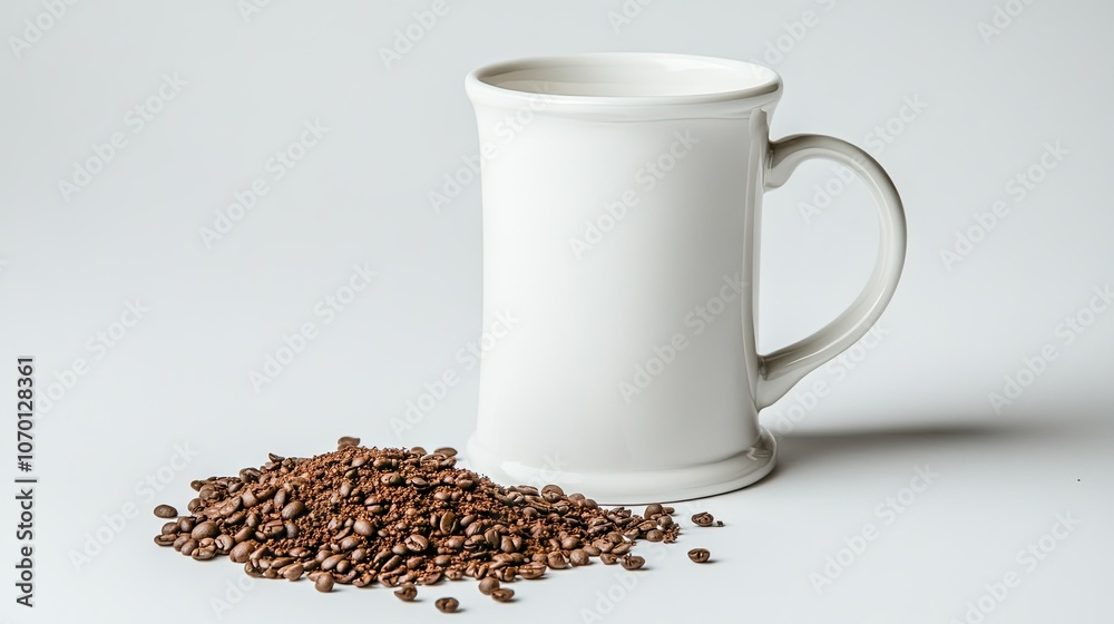 Canvas Prints White coffee mug with ground coffee beans placed nearby on a clean white background, capturing the simple essence of coffee.