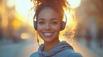 A plus-size woman jogs enthusiastically through a city street during sunset, wearing headphones and smiling, embracing her active lifestyle