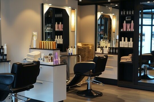 Empty hair salon chairs waiting for customers in a modern and bright salon