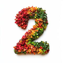 Number 2 made of fall leaves, flowers. berries. Vibrant autumn colours. White clean background. Generative AI