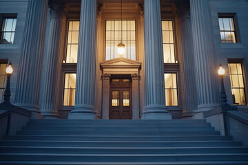 Obraz premium Majestic Government Building with Illuminated Entrance and Grand Staircase at Dusk.
