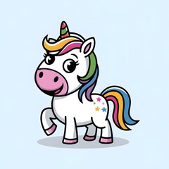 Naklejka premium delightful, cartoon cute unicorn stands upright, playful expression and bright eyes inviting interaction.