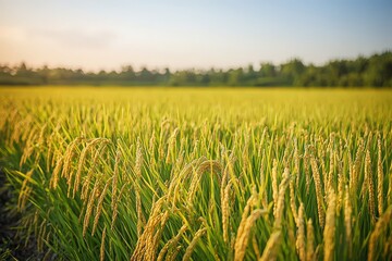 Golden rice field at sunrise: a serene landscape capturing nature's abundance and tranquility