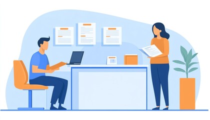 A professional office interview scene with one worker seated at a desk with papers and a laptop, and another standing across holding documents, in a contemporary office space