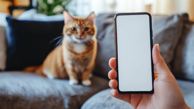 Blank smartphone screen with hand in focus, blurred background scene with a ginger cat.