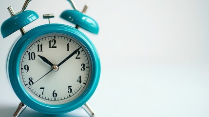 Blue retro pointer alarm clock on a white background, close up