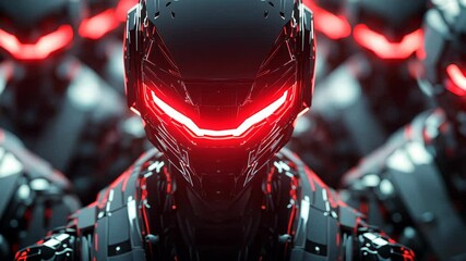 Futuristic robot with glowing red visor for technology, AI, and cyber security. Dark, metallic android army symbolizing artificial intelligence, innovation, and science fiction in digital world - Powered by Adobe