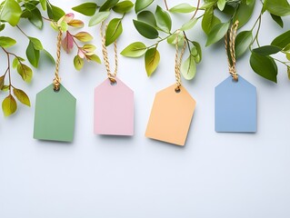 Colorful tags hang among green leaves, creating a fresh and inviting display perfect for crafts, gifts, or branding.