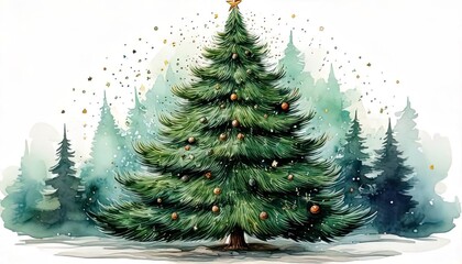 Adorable winter green watercolor Christmas tree illustration.