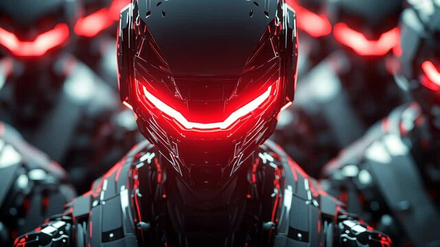 Futuristic robot with glowing red visor for technology, AI, and cyber security. Dark, metallic android army symbolizing artificial intelligence, innovation, and science fiction in digital world