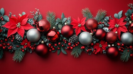 Christmas Decoration, Celebration with Poinsettias and Ornaments