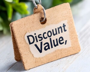 A tag displaying "Discount Value," highlighting a promotional offer or sale, against a blurred green background.