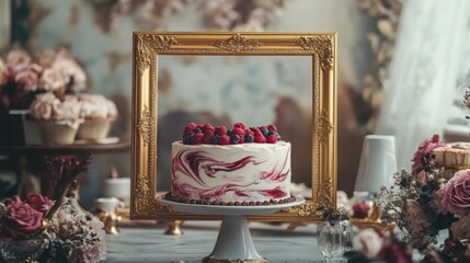 Elegant celebration setup featuring a golden frame alongside a beautifully marbled cake on a table, perfect for commemorating special moments with sophistication