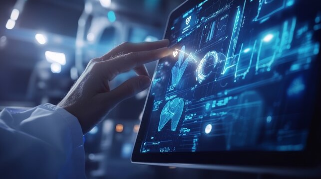 Healthcare professional analyzing patient biosensor data on a tablet, showcasing the integration of IoT technology in modern health monitoring systems