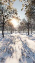 Obraz premium Abstract Marketing Background Featuring a 3D Render of a Winter Forest Park Scene with Snow, Captured in High-End Aerial Photography Composition. This Design Emphasizes Minimalist and Advanced Technol