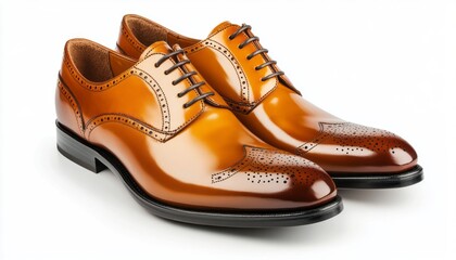 Elegant polished brown leather dress shoes showcased on a white background