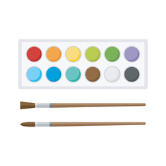 Colorful watercolor paints and brushes set vector illustration on white background. School supplies and drawing tools.