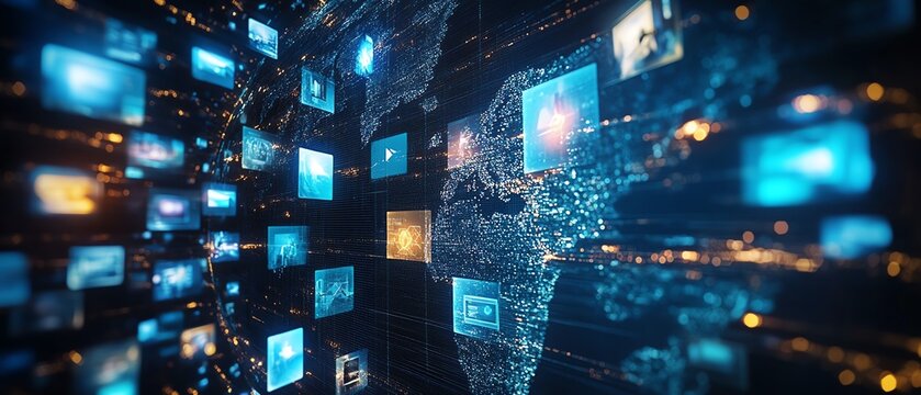 Digital globe with vibrant digital connections and floating images, dark tech background for a global network of video streaming and social media marketing platforms