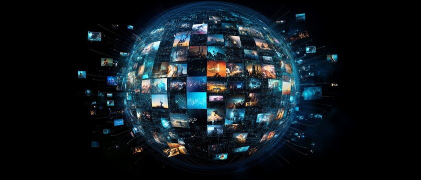 Digital globe with vibrant digital connections and floating images, dark tech background for a global network of video streaming and social media marketing platforms