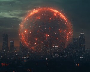 Obraz premium Futuristic digital globe with global connection lines and dots, illuminated by city lights and set against a nighttime city skyline with a techinspired glow