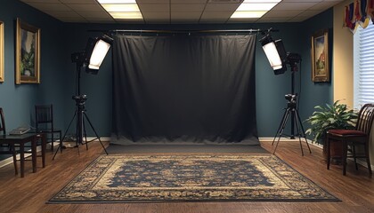 Fototapeta premium Studio setup with lighting and backdrop in an indoor space for photo shoots