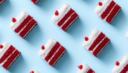 Fototapeta premium A vibrant arrangement of red velvet cake slices topped with cream and cherries on a pastel blue background.