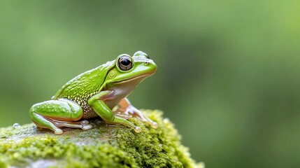 Fototapeta premium A vibrant green frog perched on a mossy rock, with a blurred green background.