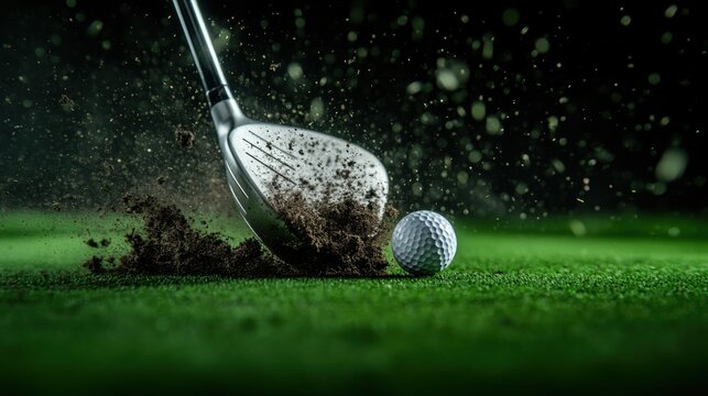 Capture the perfect moment closeup of a golf club striking a ball and dirt on the green for ultimate sports photography