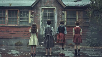 Fototapeta premium Children standing in front of school