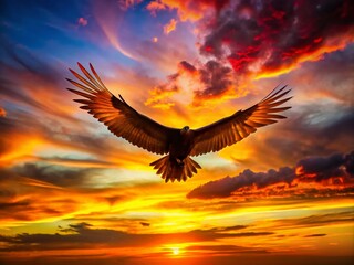 Captivating Silhouette of a Healthy Turkey Vulture in Flight Against a Vibrant Sunset Sky, Symbolizing Nature's Resilience and Ecological Balance