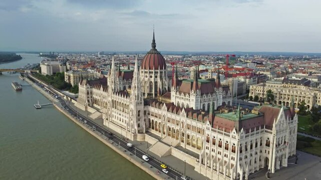Aerial view of Budapest city and Hungarian Parliament building on Danube river, Hungary, 4k