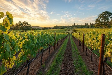 Naklejka premium Sunset over lush vineyard rows with natural beauty and agricultural serenity