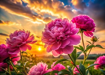 Obraz premium Captivating Silhouette of Pink Peonies in Full Bloom Against a Soft Sunset Background Highlighting Their Delicate Petals and Elegance for Floral Photography Enthusiasts