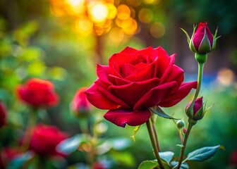 Fototapeta premium Captivating Silhouette of Red Rose Blooms in a Summer Garden with Close-up Details of Buds and Petals Against a Backdrop of Soft Light and Nature's Beauty
