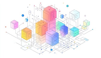 Simple line drawing of a colorful isometric network with blocks and dots connected, set on a white background, showcasing modern digital technology and data systems