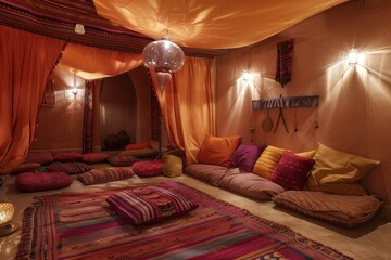 Traditional moroccan living room illuminated with beautiful lanterns and decorated with colorful pillows and fabrics