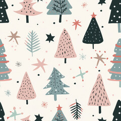 seamless cartoon of cute Christmas pine tree isolated on pale yellow background, minimal style, pastel tones, illustration 
