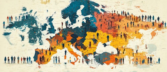 Fototapeta premium A colorful map of Europe with people standing across different countries, symbolizing diversity, travel, and connection, in an engaging and dynamic design
