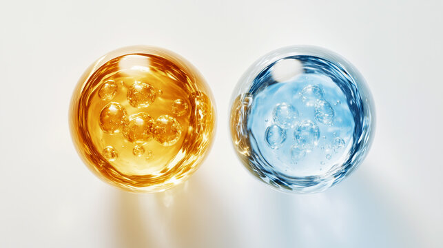 Cosmetic molecules, glass bubbles, purple, cosmetic moisturizing water molecules, Cosmetic essence, liquid oil foam, glass texture, 3D rendering