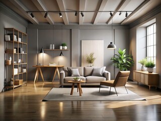 Fototapeta premium Elegant Minimalist Studio with Dramatic Lighting, Modern Decor, and Clean Lines for Stunning Photography and Art Displays, Perfect for Home and Office Spaces