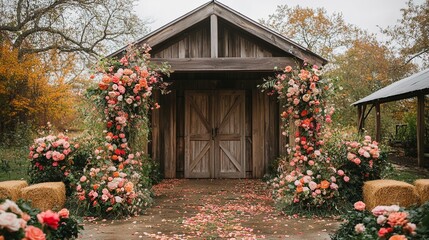 Naklejka premium Rustic Wedding Arch with Pink Flowers