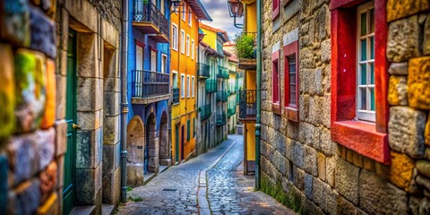 Fototapeta premium Captivating Tilt-Shift Photography of an Old Narrow Alley Street Wall in Porto, Showcasing Vibrant Textures and Colors in a Quaint Urban Landscape
